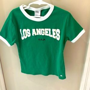 Zara green baby tee“Los Angeles” U.S.A 13-14 year old girl 164 cm. Lightly worn.